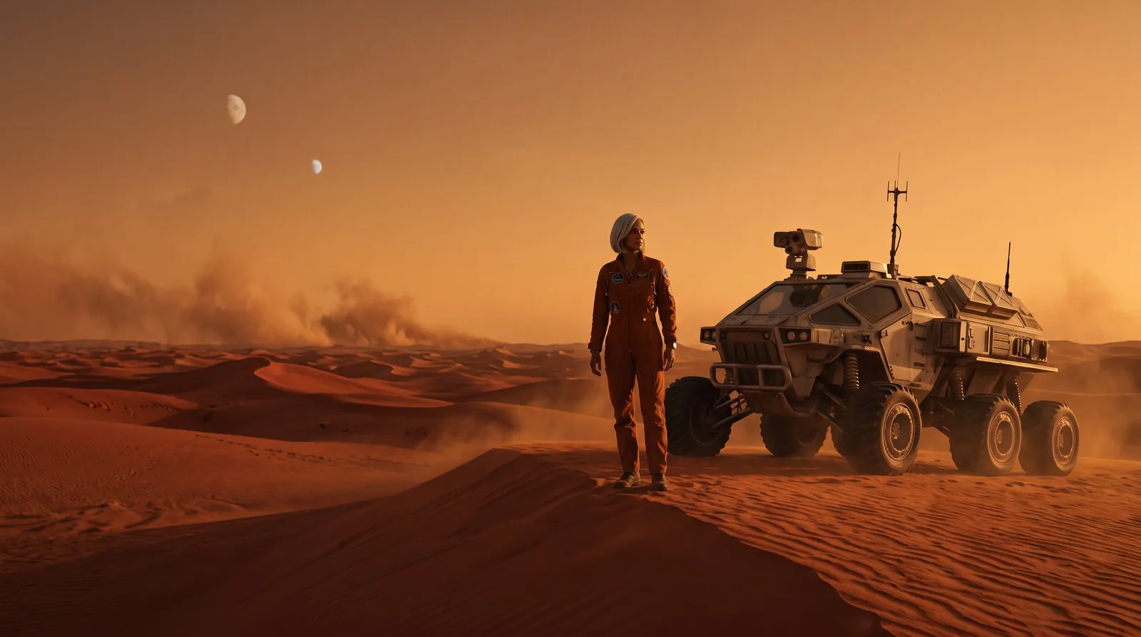 Nova, an explorer in an orange flight suit, beside a rover on red Martian dunes at dusk. An AI-generated image from the demo library.