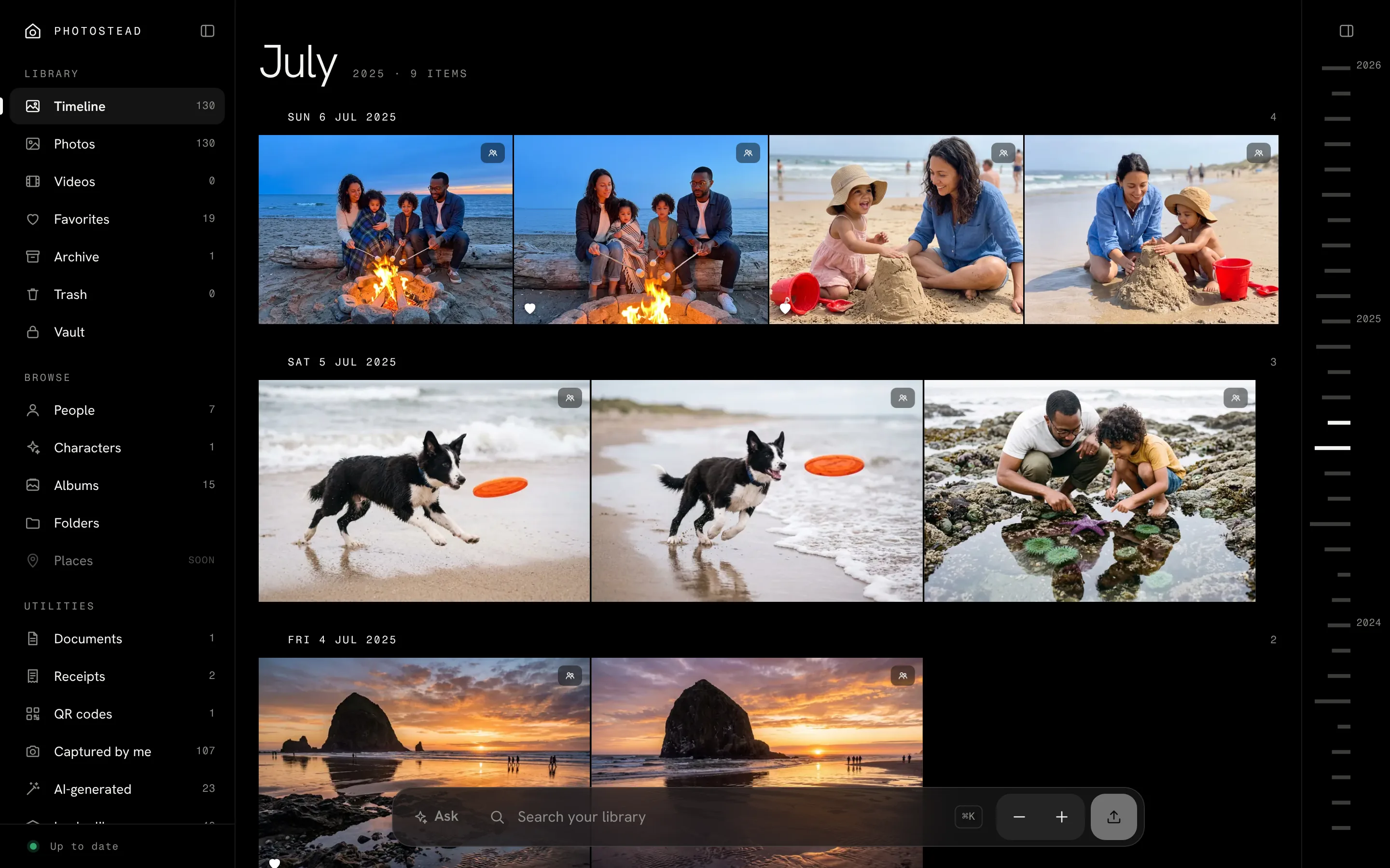Photostead’s timeline in dark mode: a family’s July 2025 by day in a justified grid, with the sections on the left and a date scrubber on the right.